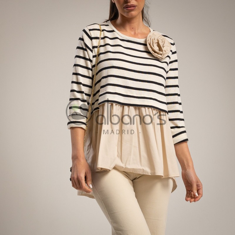 STRIPED T-SHIRT WITH POPELINE 3D FLOWER REF.188369-2