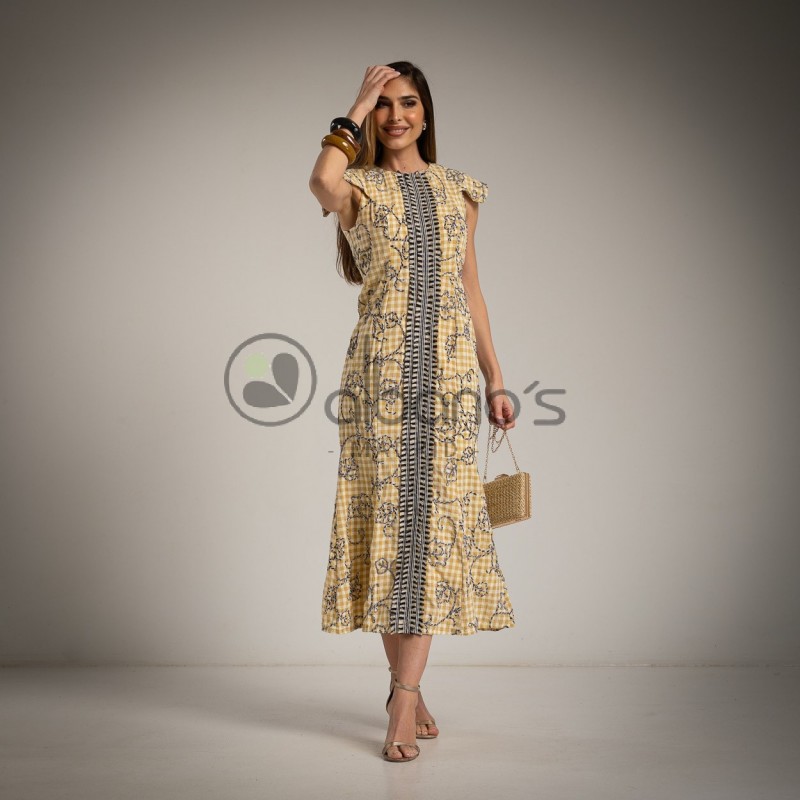 VESTIDO FORRADO BORDADO DESFLECADO CHENNAI REF.10519-63