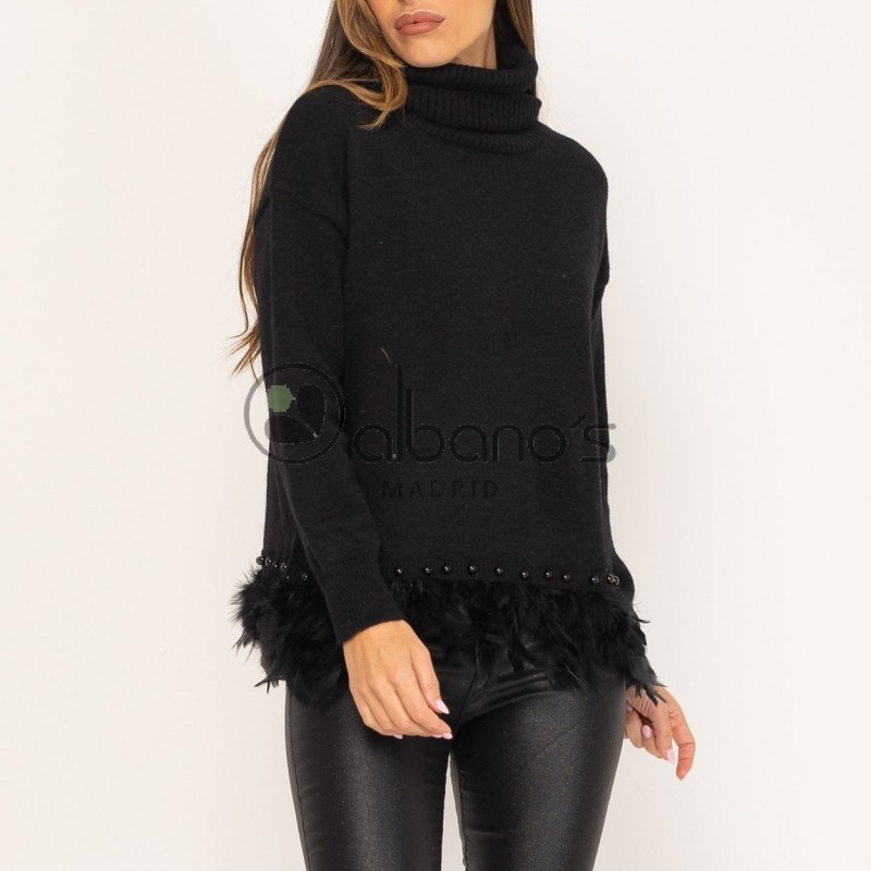 TURN-DOWN NECK SWEATER WITH FEATHERS AND PEARLS REF.321-2
