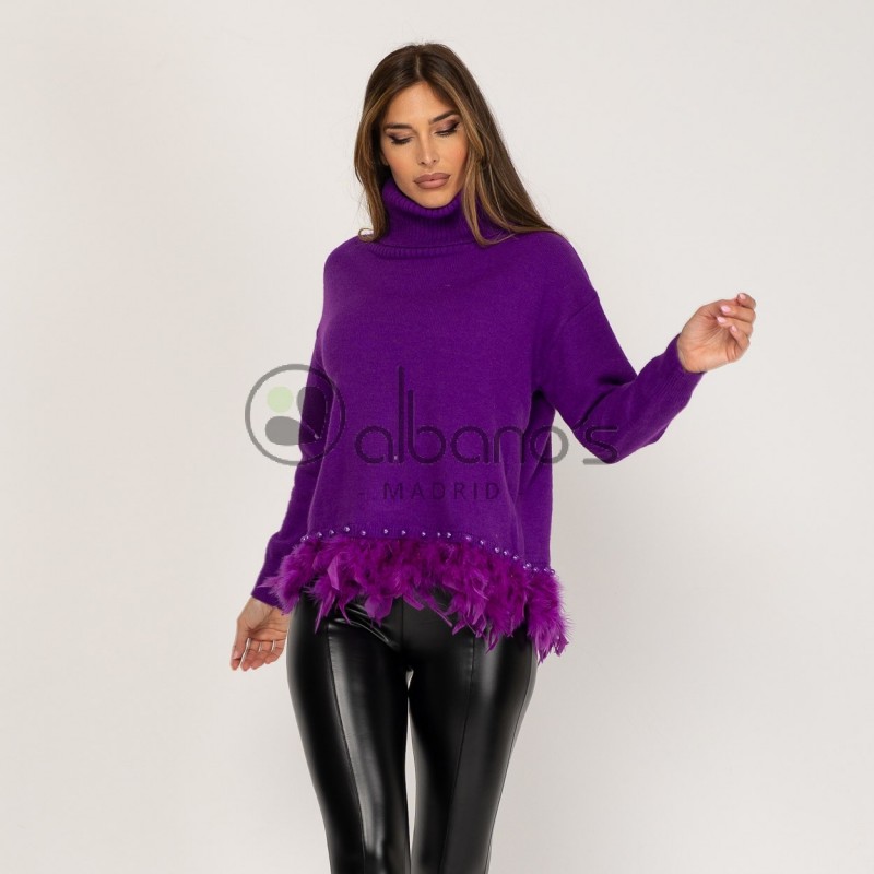 TURN-DOWN NECK SWEATER WITH FEATHERS AND PEARLS REF.321-11